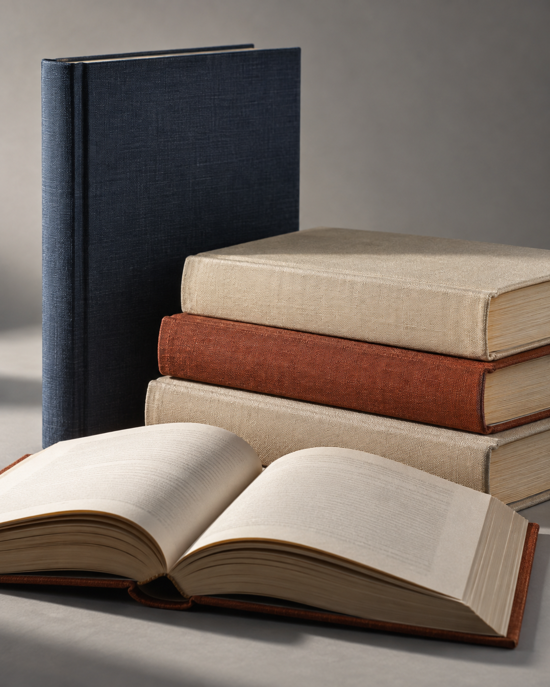Navy, cream and copper clothbound books with open pages in soft studio light